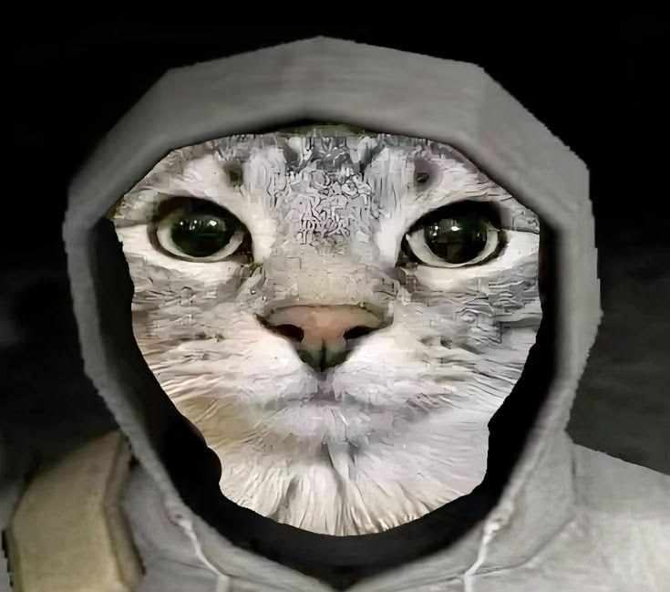 A close-up of a pale cat wearing a gray hood against a dark background